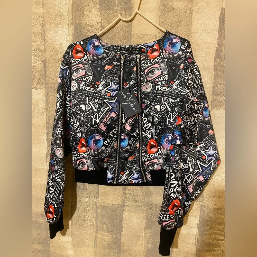 ROCK N KARMA “I Love Retro” Hand-Beaded Zip Bomber Jacket (M, BNWT) Couture - Picture 2 of 6